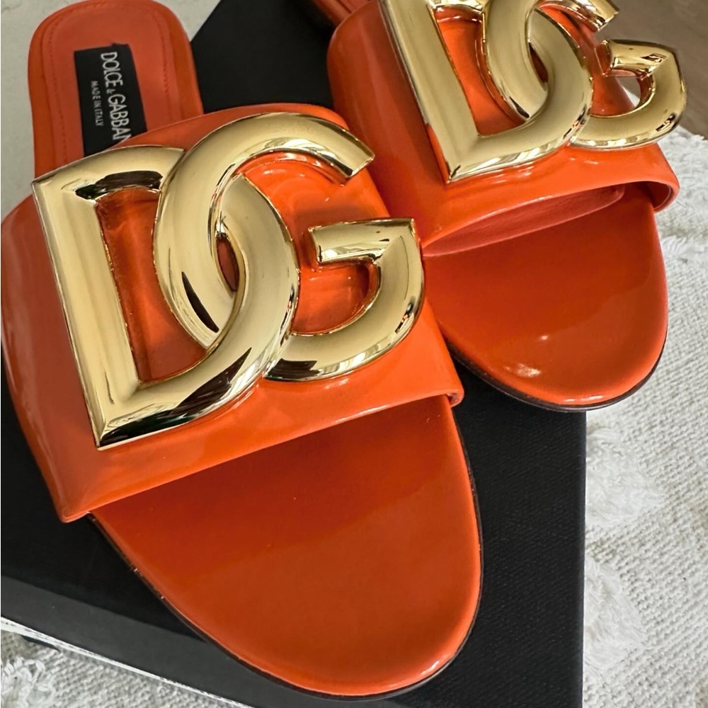 Dolce & Gabbana Orange Sandals with Gold Logo
